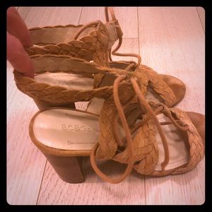 BCBG Gen open toe suede heel sandals, leather